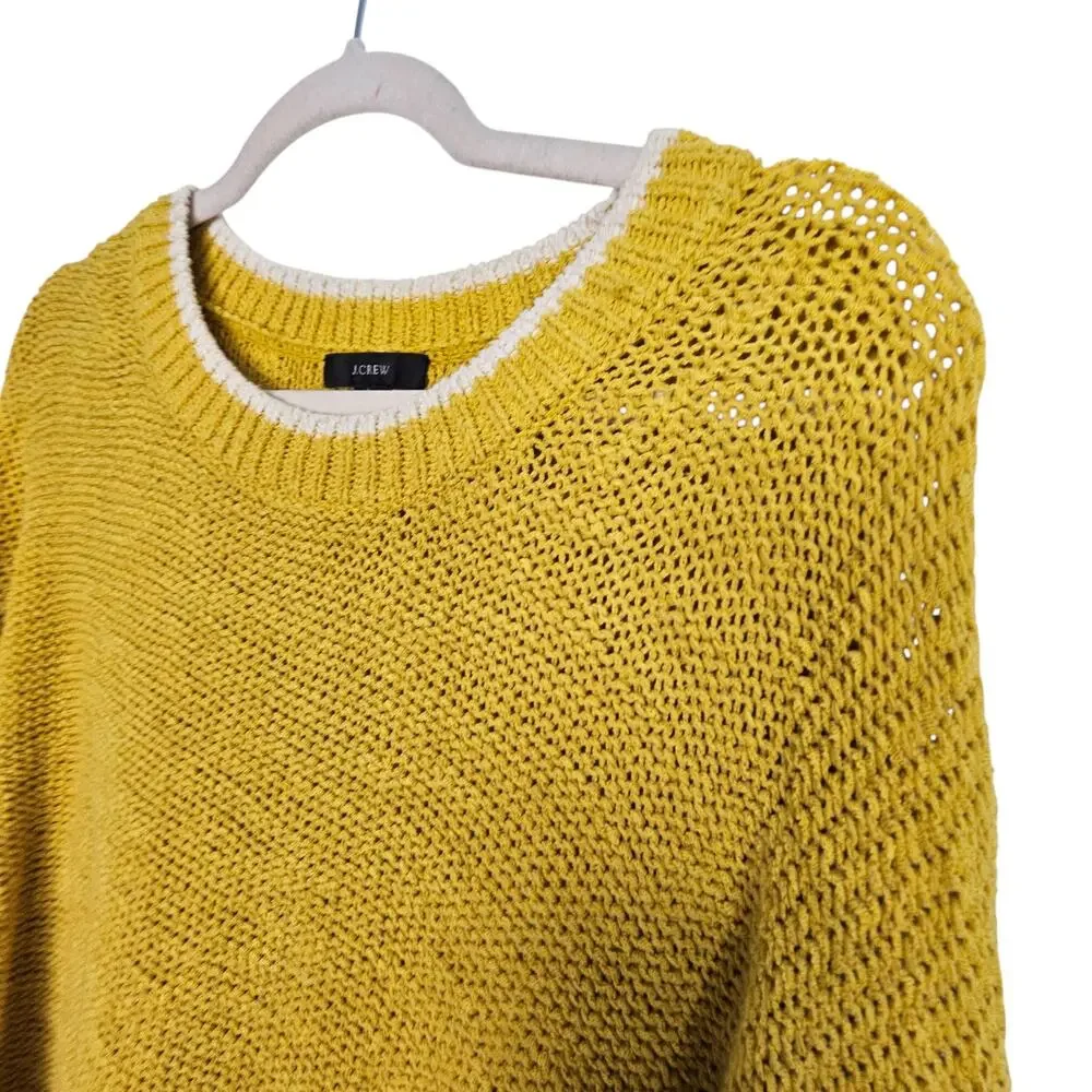 J. Crew Women Open Knit Crewneck Sweater Size L Mustard Coastal Grandma Preppy